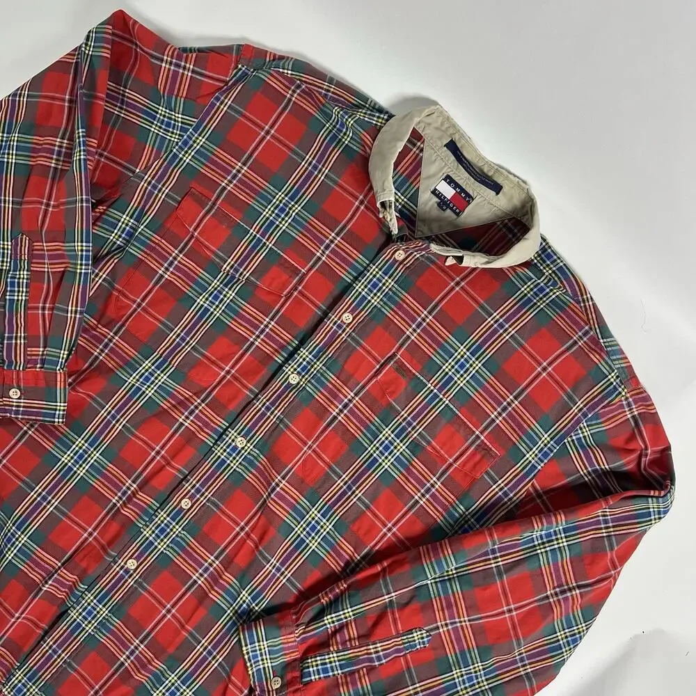 VTG‎ Tommy Hilfiger Men's Red Plaid Woven Cotton Button-Up Shirt LS Pockets L/G